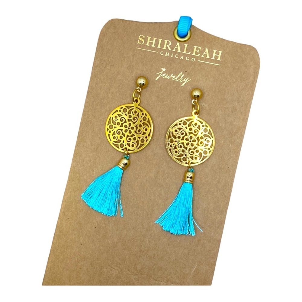 SHIRALEAH Turquoise and Gold Bali Earrings NWT